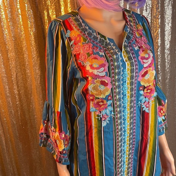 Savanna Jane Embroidered Blouse bell sleeves boho hippie turquoise colorful SZ S - Picture 4 of 11